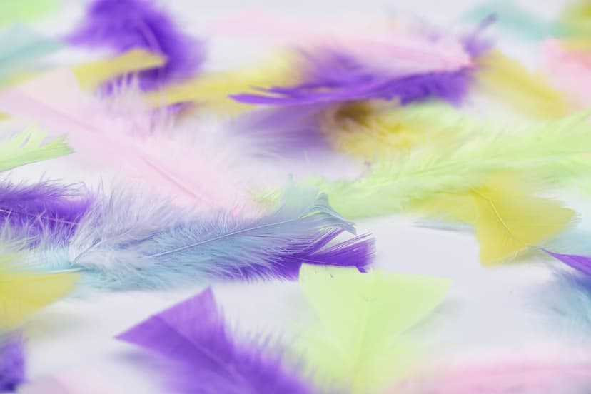 Pastel purple, pink, yellow, and blue feathers resting on a white surface with a soft-focus blurred background.