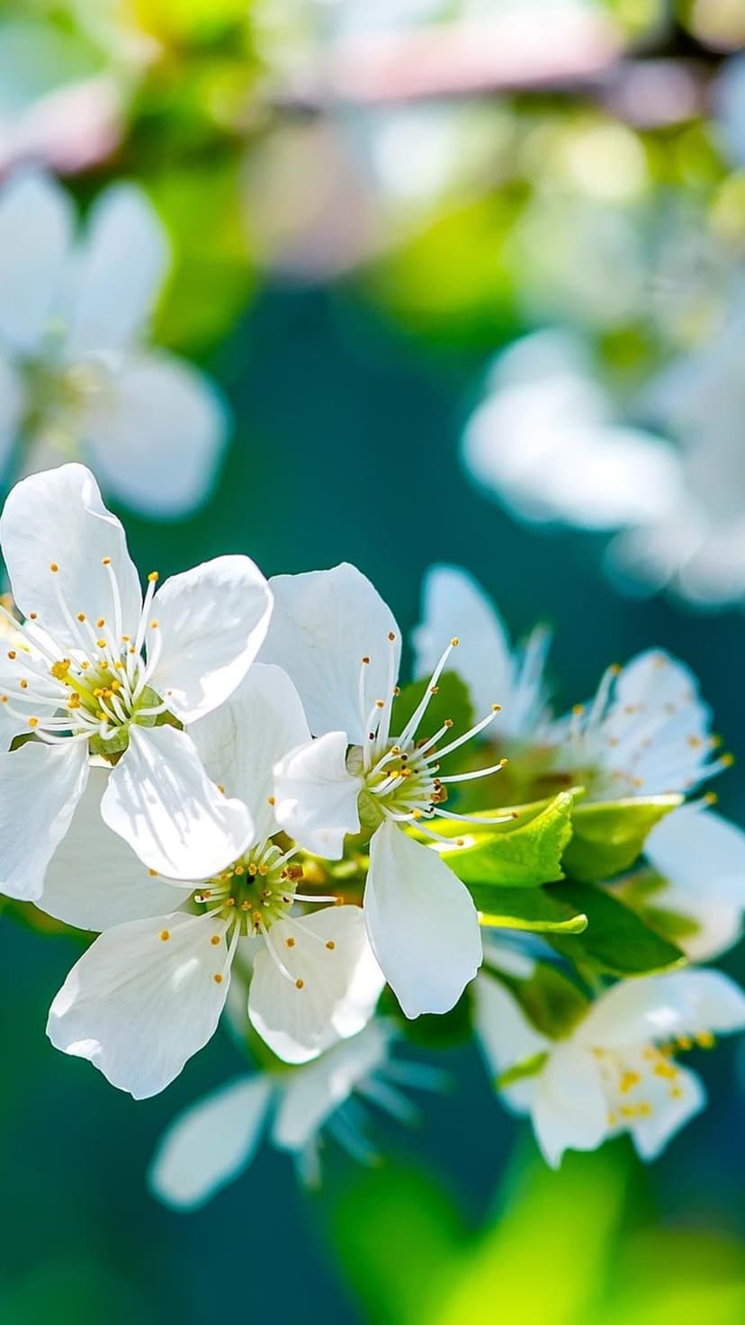White blossoms with yellow stamens bloom on a branch against a soft green and white bokeh background.