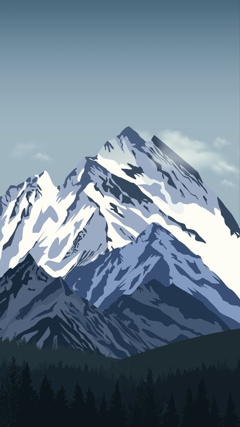 Sharp snow-capped mountain peaks tower over a dark evergreen forest beneath a hazy pale blue winter sky.