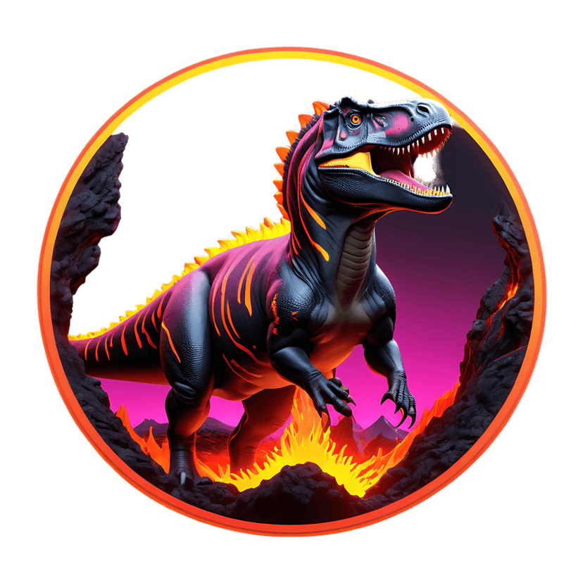 Theropod dinosaur sticker showing a roaring blue lizard with glowing orange stripes amidst volcanic lava flames.
