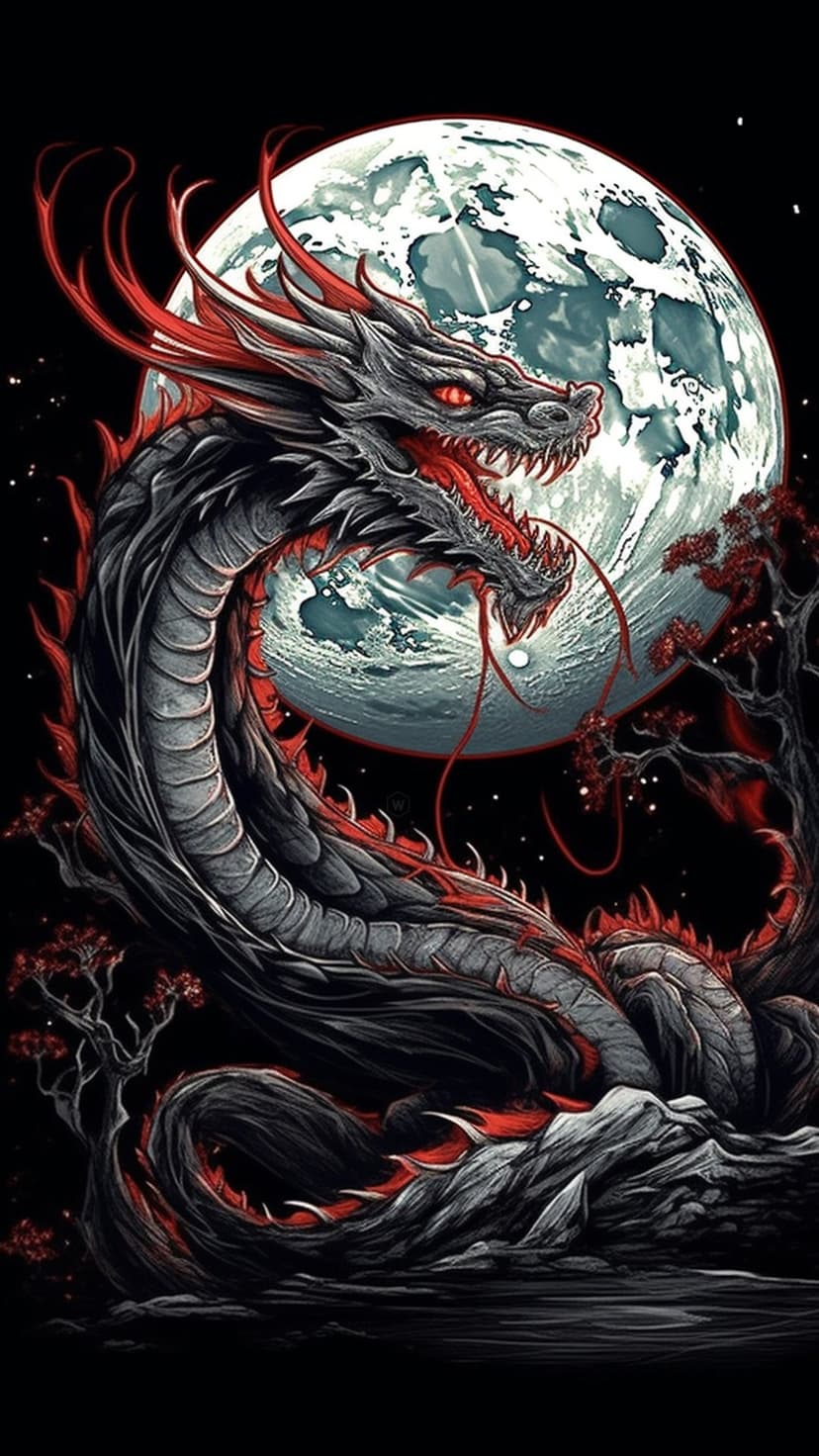 Grey dragon with red glowing eyes and scales coiled in front of a massive white moon and dark silhouette trees.