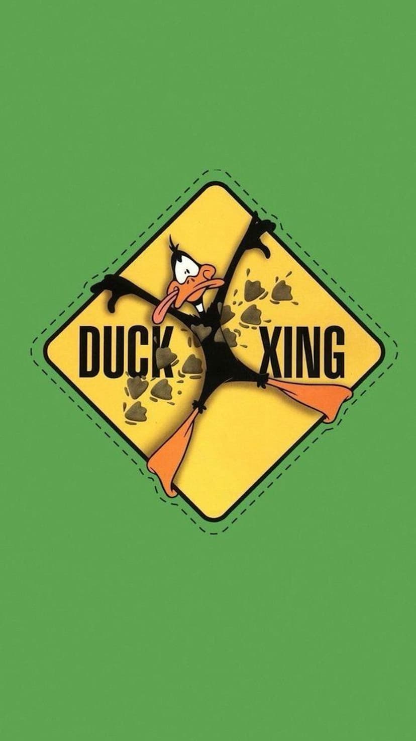 Daffy Duck in a funny pose on a yellow diamond Duck Xing sign over a solid green background for mobile screens.