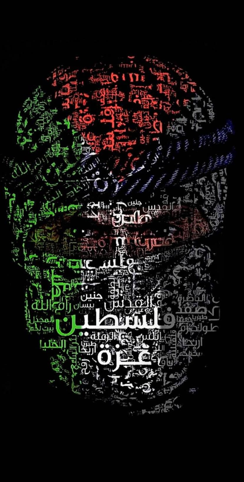 Arabic calligraphy script forming the three stripes and triangle of the Palestinian flag on a dark backdrop.