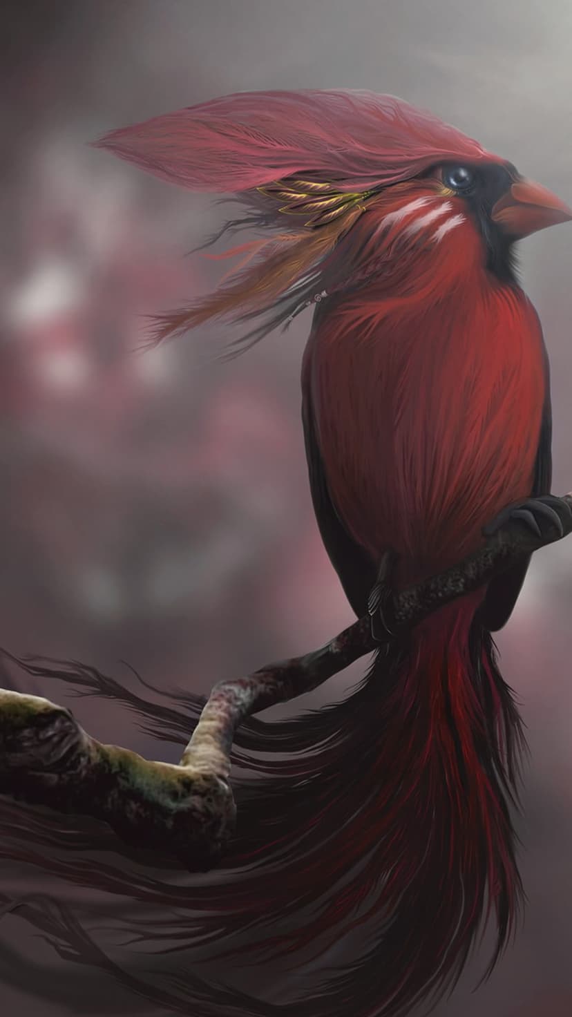 Red cardinal bird with a sharp crest and blue eyes perched on a branch surrounded by soft pink foliage.