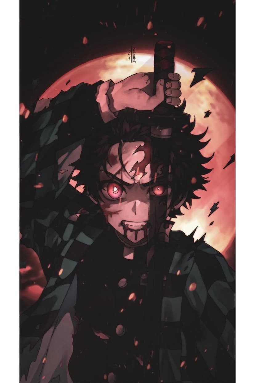 Tanjiro Kamado with blood-splattered cheeks holds a sword against a dark night sky with a large red moon.