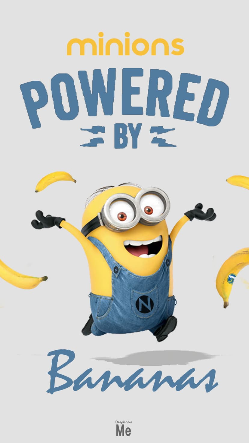Yellow Minion with goggles raising its arms while surrounded by floating yellow bananas and bold black text.