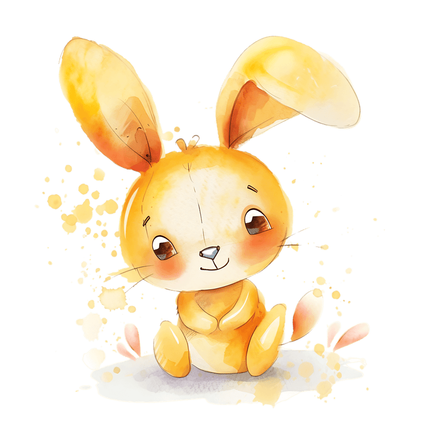 Watercolor rabbit painting featuring golden paint splashes and soft pink highlights on a white background.