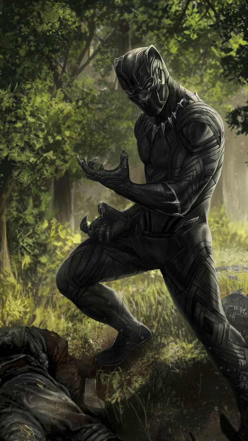 Black Panther crouches in a sunlit forest with claws extended, surrounded by lush green foliage and sunbeams.
