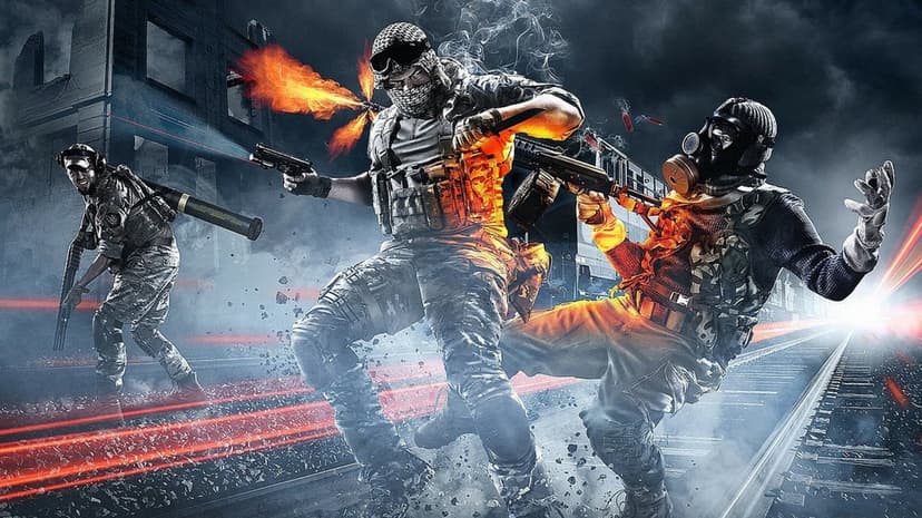 Three soldiers in tactical gear fighting on train tracks with bright muzzle flashes and smoke in a gritty urban setting.