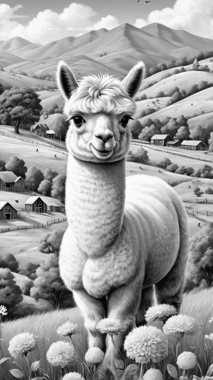Alpaca standing in a flower field before mountain peaks and farmhouses in a black and white vertical landscape.