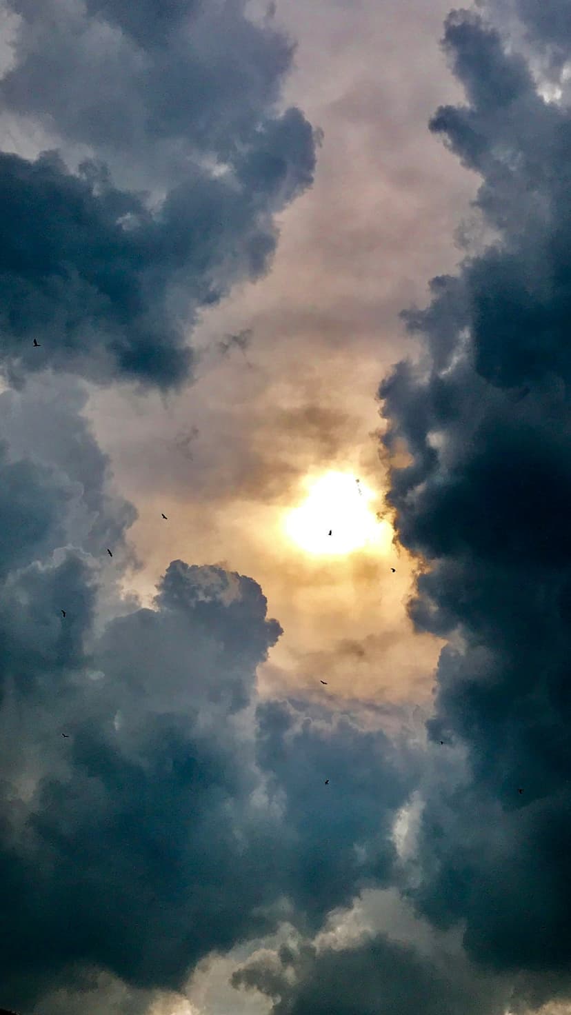 Avian silhouettes fly toward a bright circular sun opening framed by heavy dark gray and charcoal storm clouds.