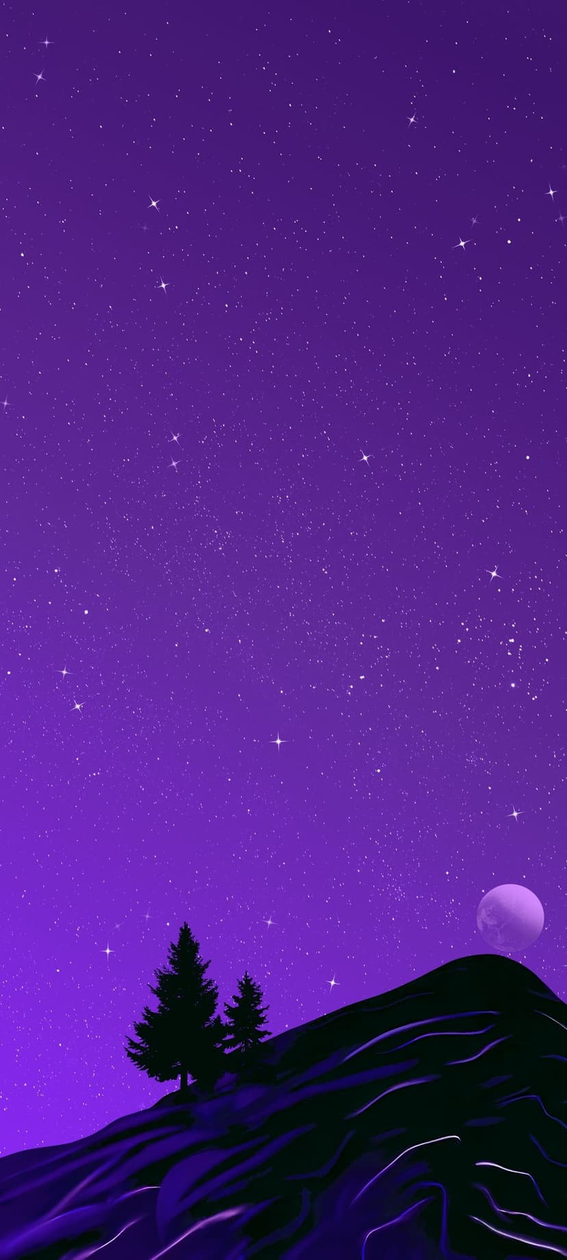 Twinkling stars and a crescent moon hang over the silhouetted peaks and pine trees of a purple mountain range.