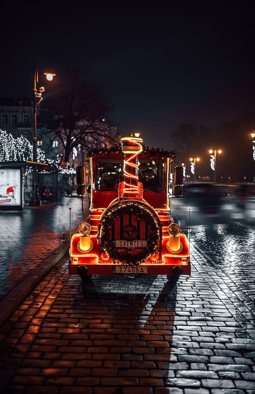 Red Christmas train adorned with glowing lights and a wreath on a wet cobblestone street at night.
