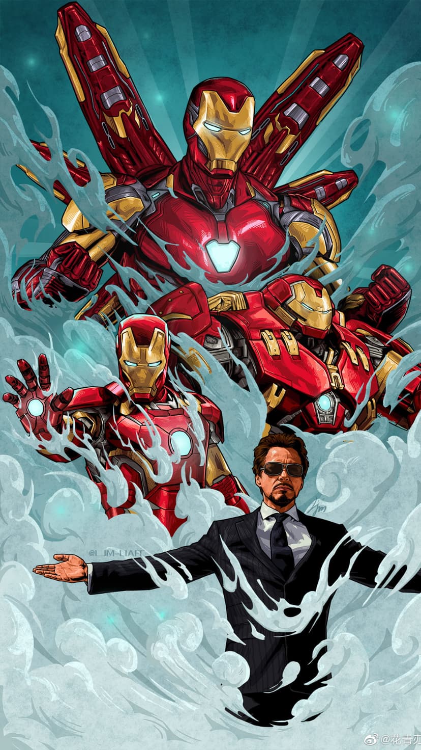 Tony Stark in a suit surrounded by red and gold Iron Man armors including Hulkbuster amid smoke and energy glows.