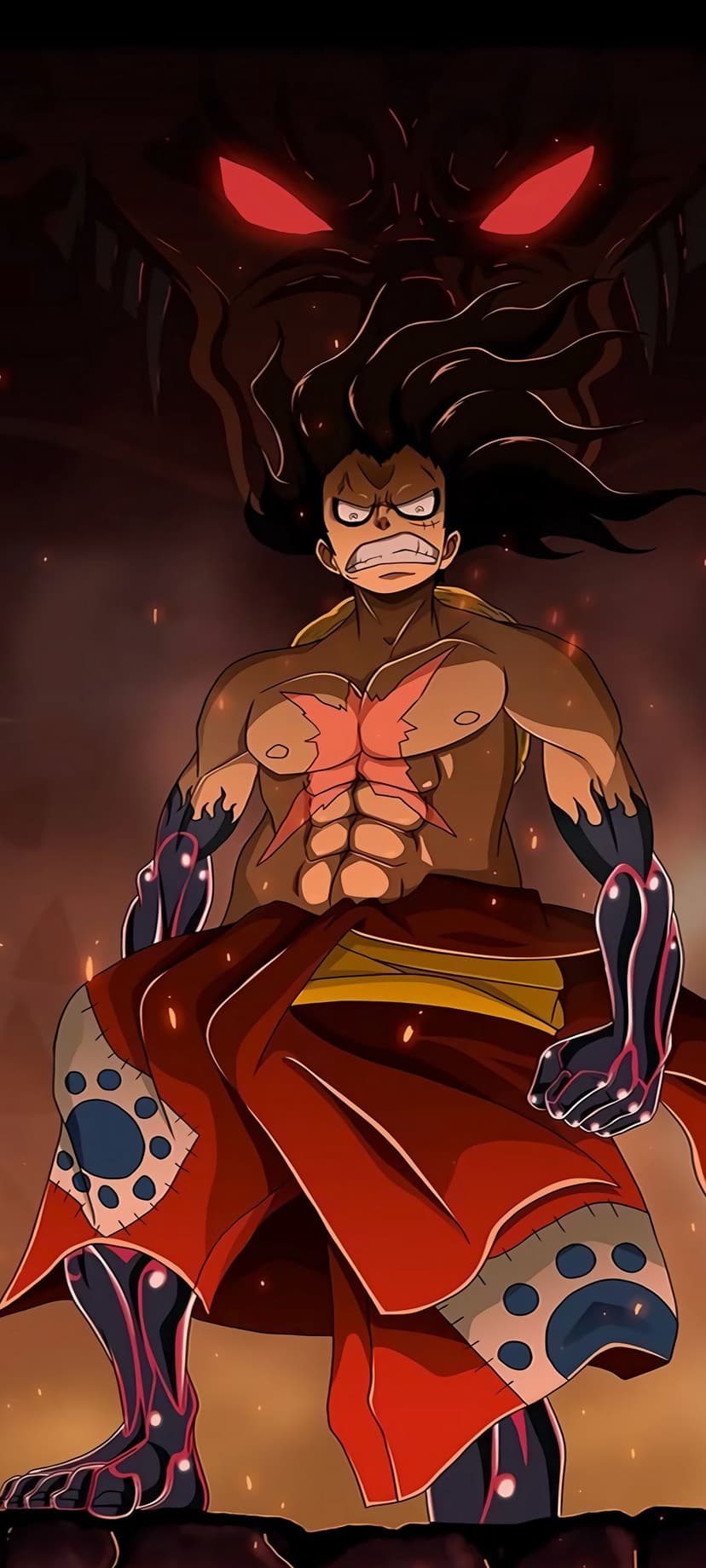 Luffy in Gear 5 form screams with white hair before a dark silhouette with red eyes amidst swirling orange flames.