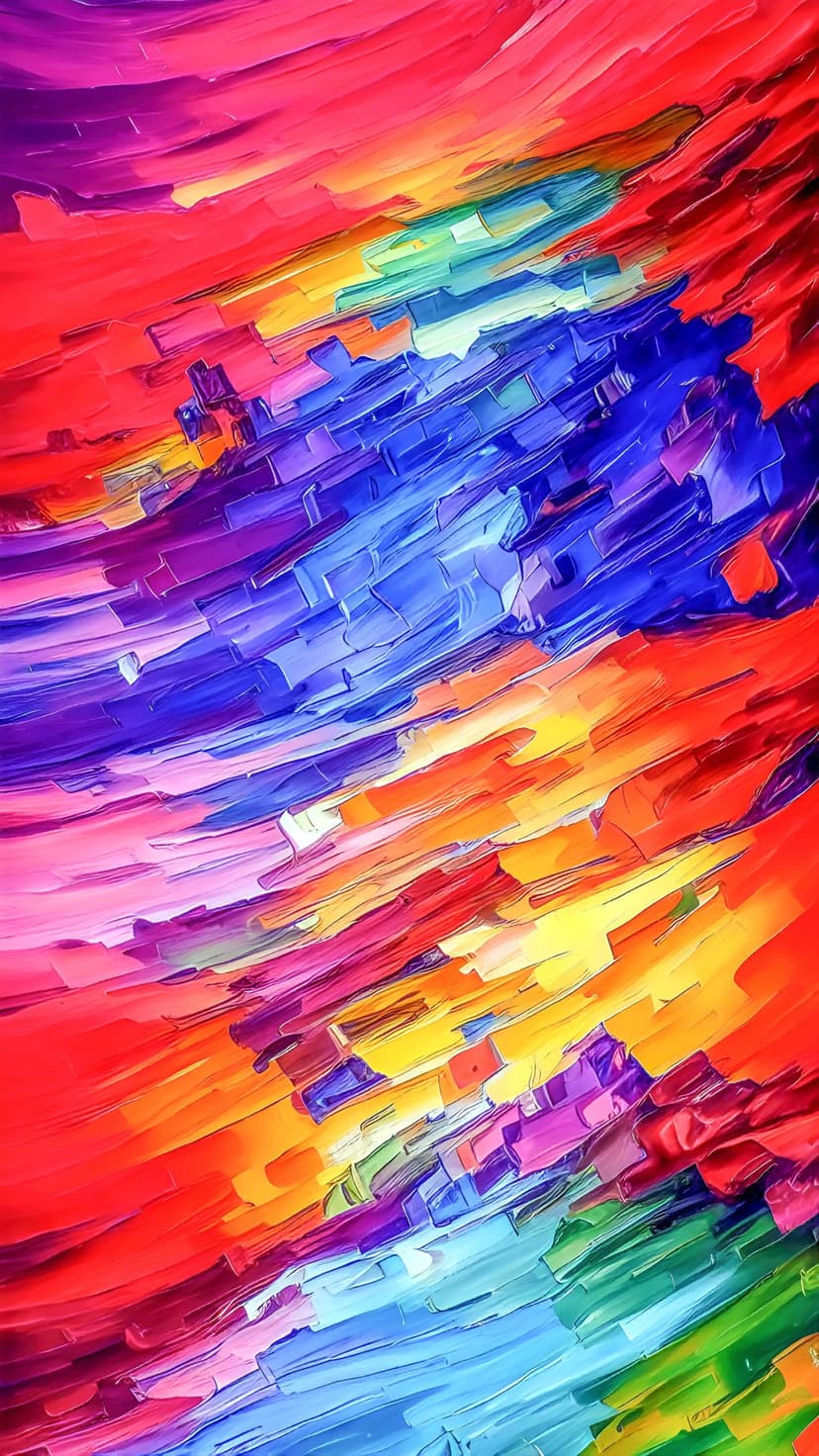 Vibrant rainbow brushstrokes sweep diagonally across the frame with thick paint textures and bold colors.
