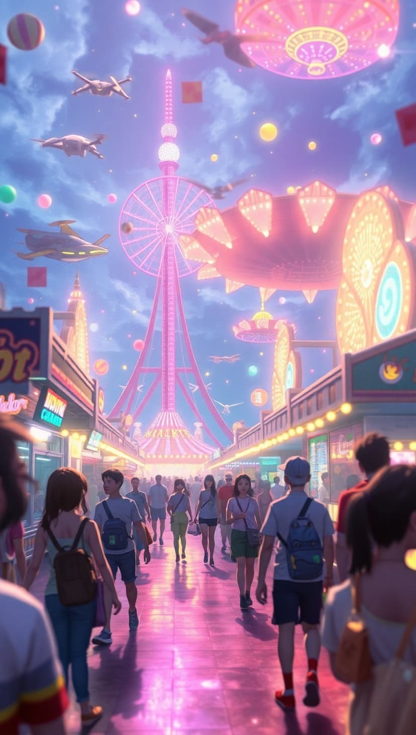 Pink Ferris wheel and neon carnival rides illuminate a crowded boardwalk under a deep purple twilight sky.