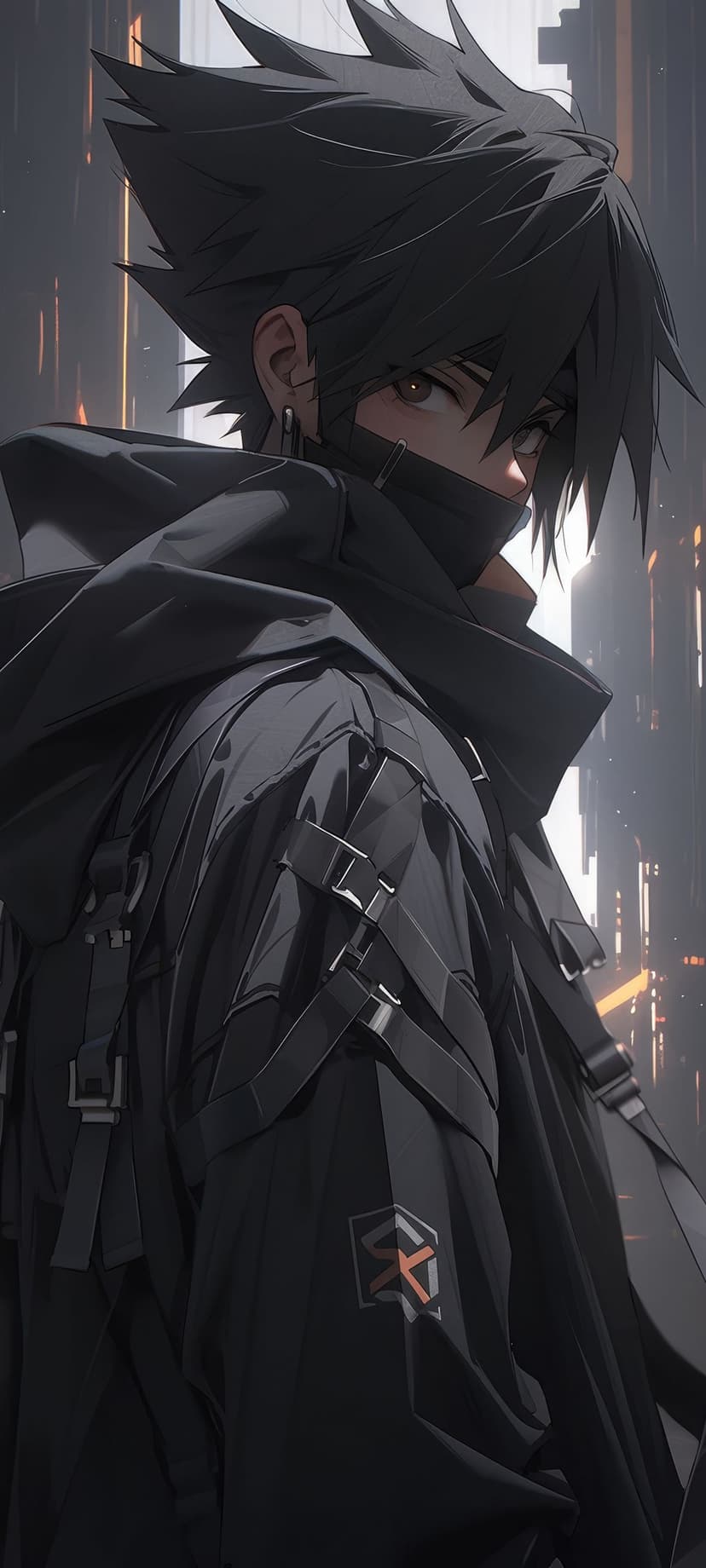 Masked anime boy with spiky hair wearing a strapped black techwear jacket against blurred neon city lights.