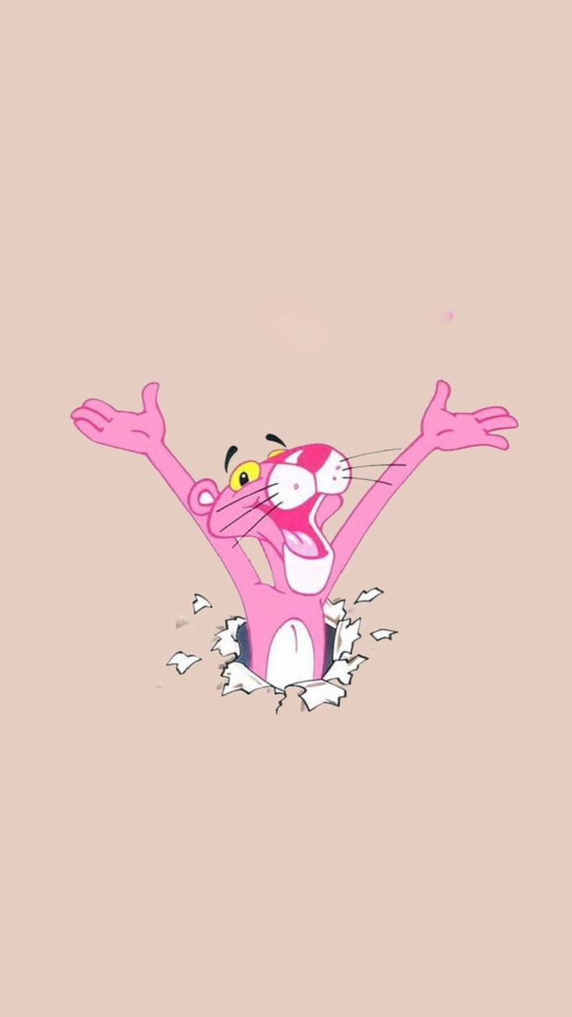 Pink Panther bursting through a torn white surface with arms raised and a wide smile on a vertical background.