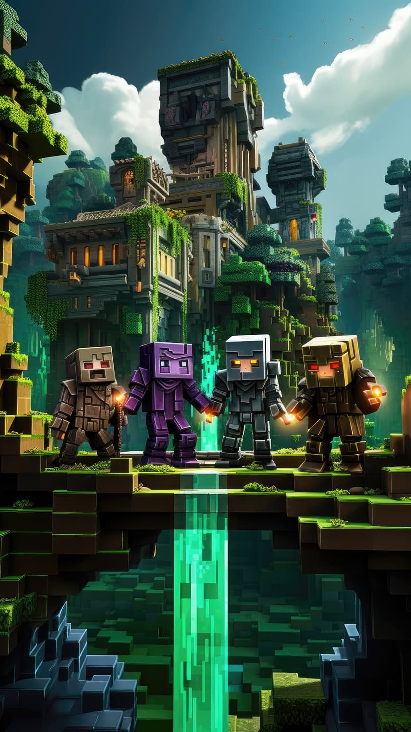 Four blocky characters stand on a mossy stone bridge overlooking a cascading green waterfall and ancient ruins.