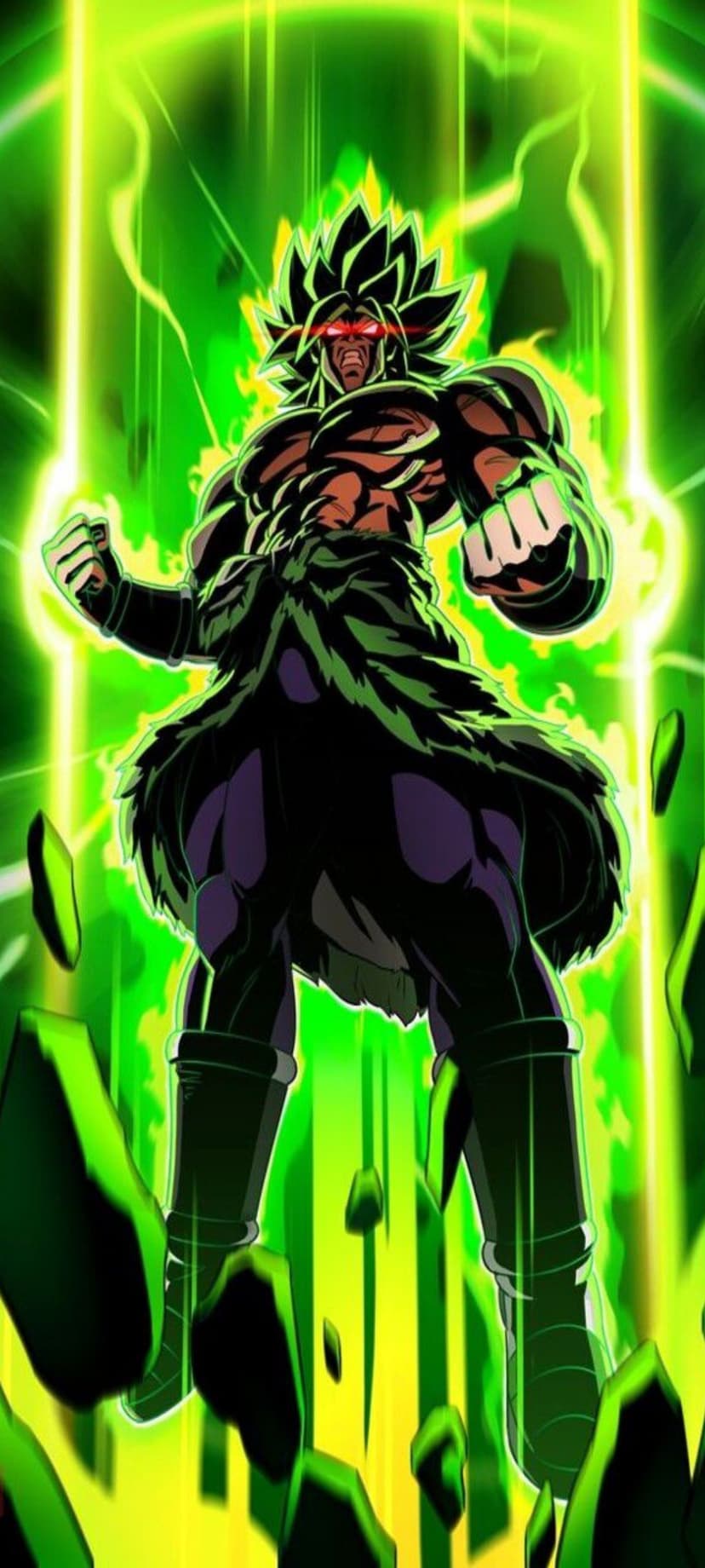 Broly radiates glowing green energy with muscular arms, spiky hair, and red eyes amidst floating energy shards.