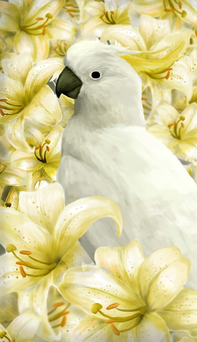 White cockatoo with a soft crest sits among blooming yellow lilies and green leaves under gentle lighting.