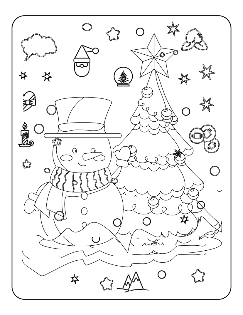 Snowman coloring page showing a winter scene with a decorated tree, snowflakes, and mountains in black line art.