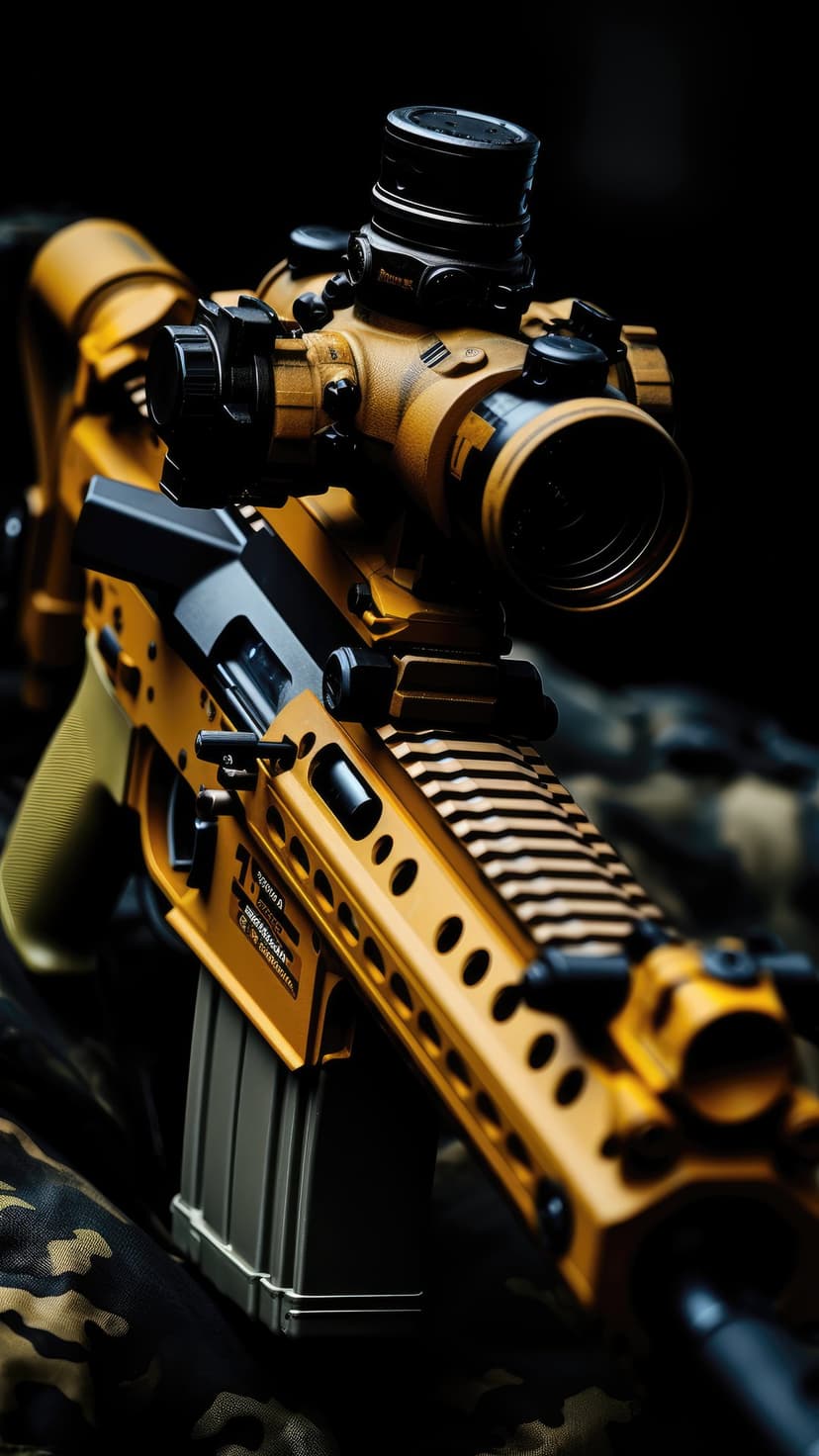 Gold-plated assault rifle with a tactical scope and extended magazine against a dark camouflaged background.