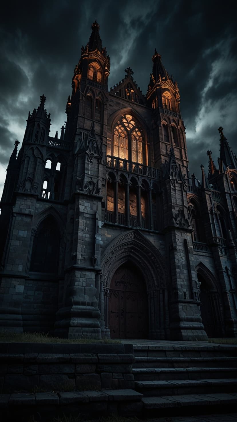 Gothic cathedral with lit windows under a dark stormy sky, featuring sharp spires and detailed stone masonry.