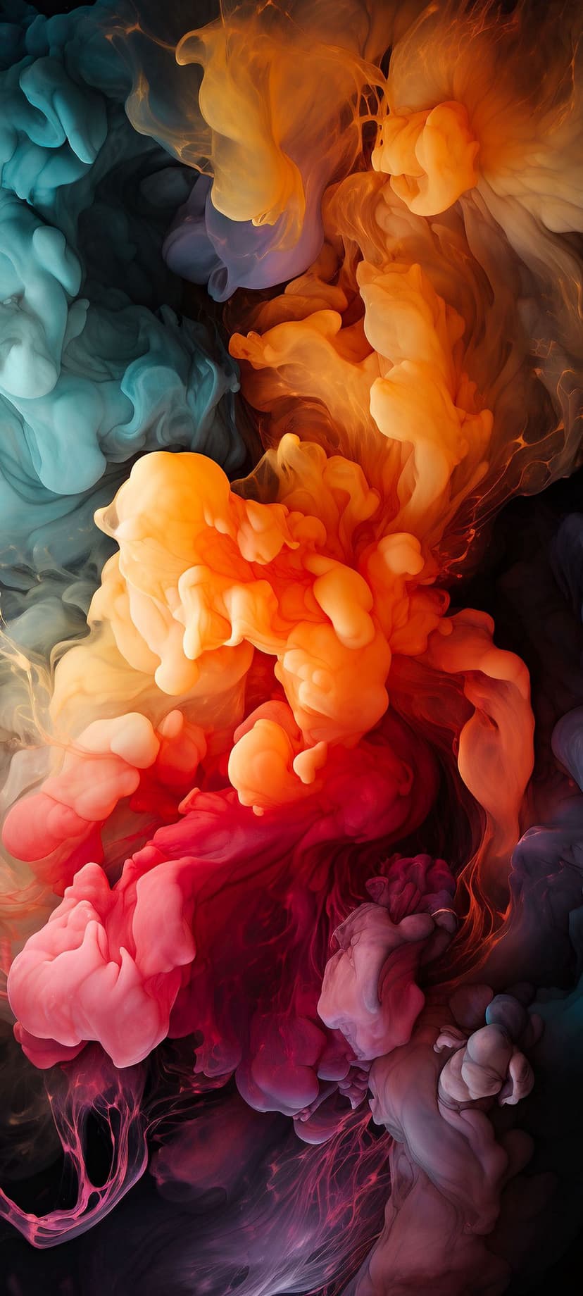 Swirling clouds of orange and teal pigment dissolve in water with intricate fluid textures and soft gradients.