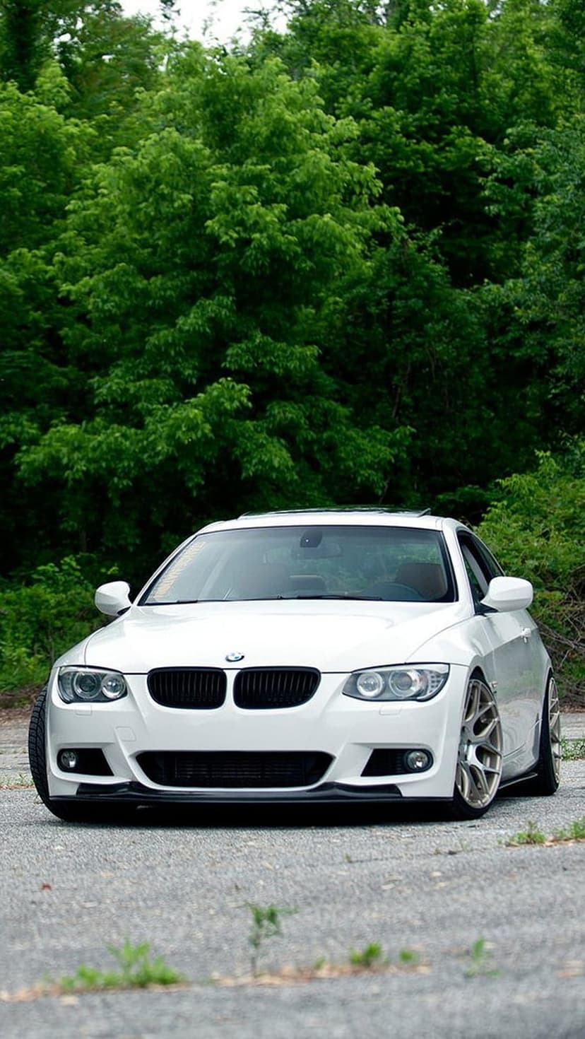 White BMW sedan with a black grille parked on an asphalt road surrounded by a dense green forest landscape.