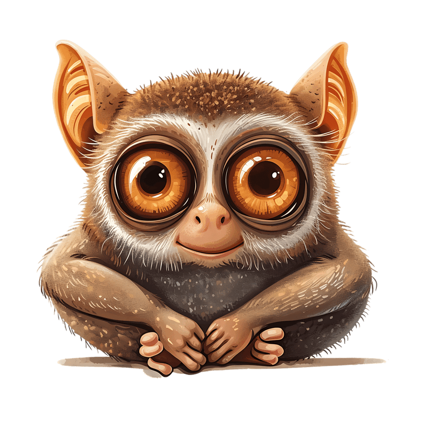 Tarsier digital illustration with large amber eyes, fluffy brown fur, and pink nose on a dark background.