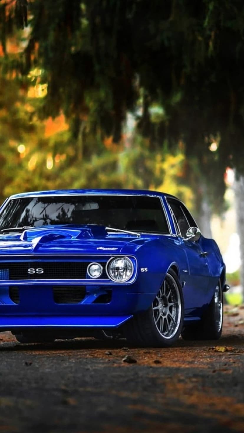 Blue 1960s Camaro SS parked on a leaf-strewn road in an autumn forest with blurry orange trees in the background.