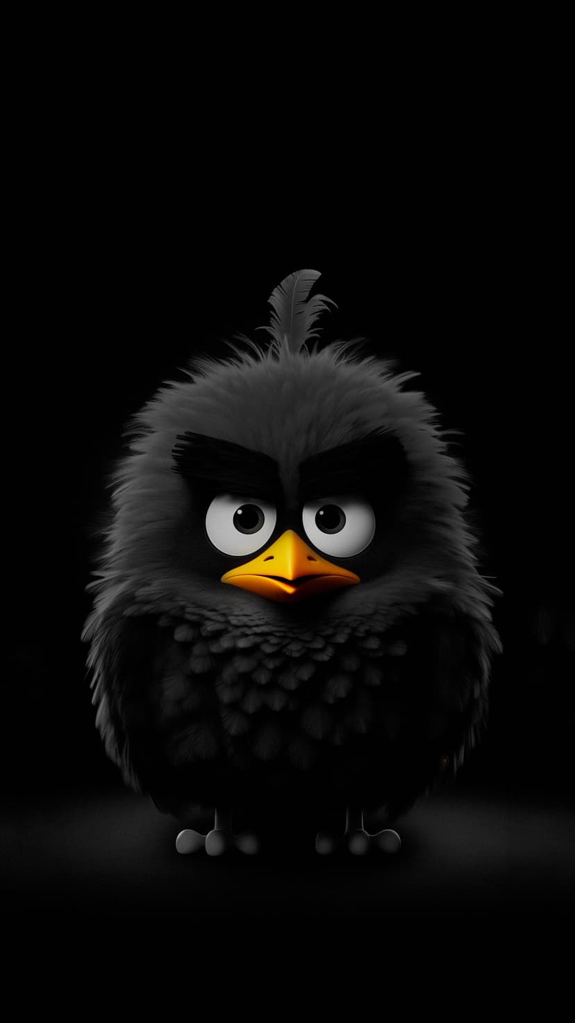 Grumpy black bird with a round fluffy body, large white eyes, and a sharp yellow beak against a dark background.