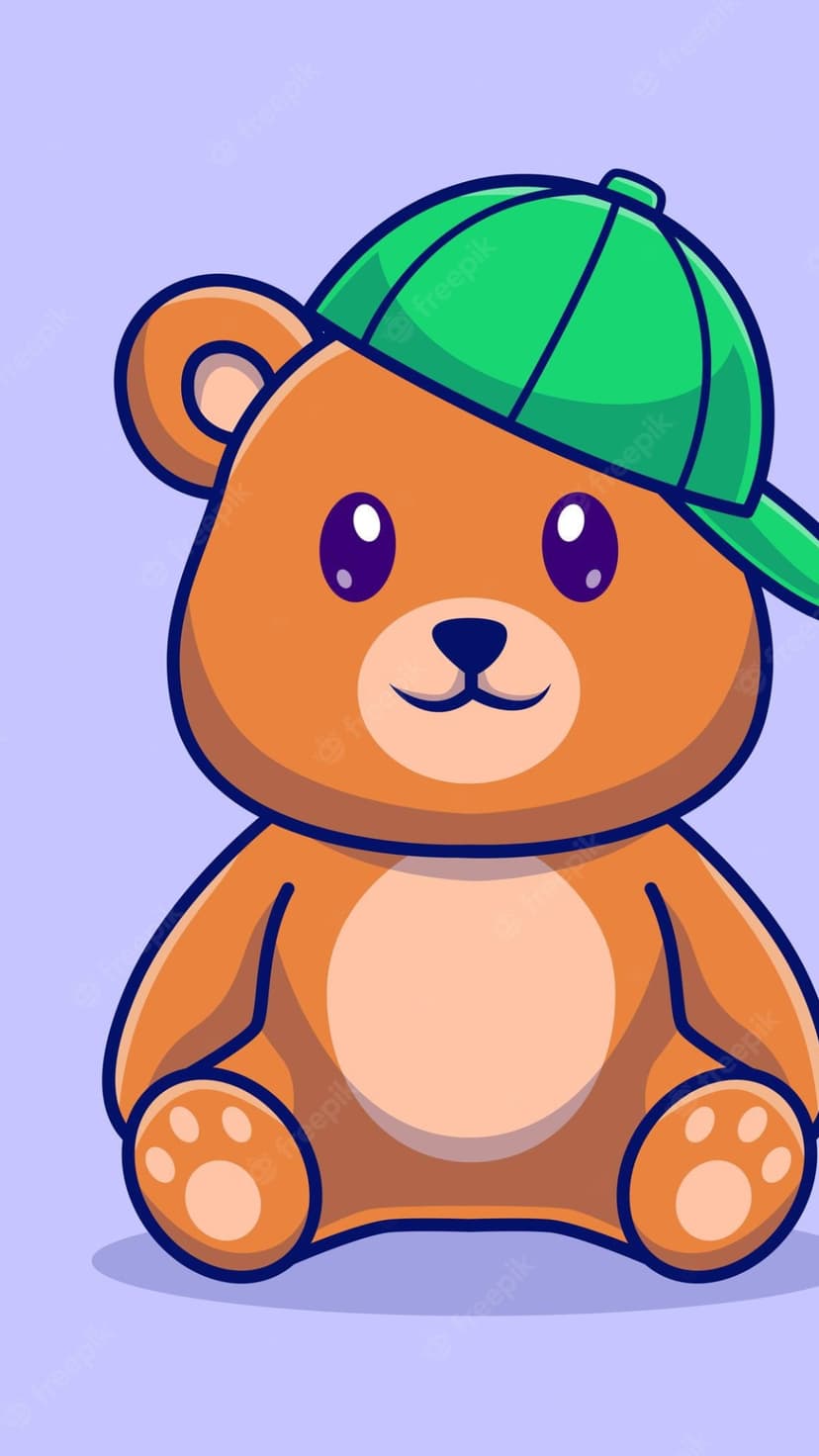 Orange cartoon bear with large purple eyes wearing a green baseball cap while sitting on a light purple surface.