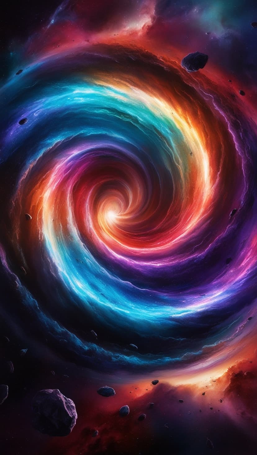 Colorful spiral nebula with a glowing center and drifting asteroids surrounded by wisps of purple and red gas.