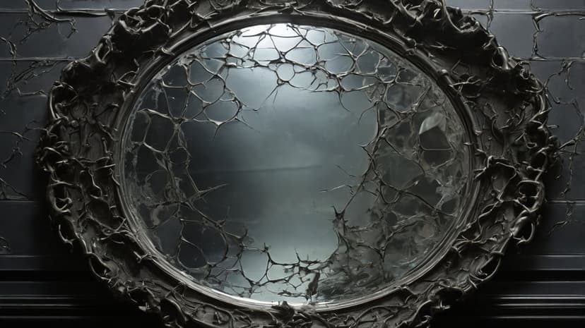 Ornate oval mirror with a shattered glass surface and dark carved frame against a textured black background.