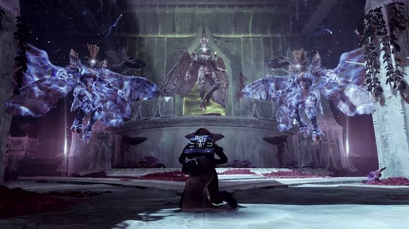 A kneeling Guardian faces Savathûn and two glowing Hive Wizards in a grand, ethereal bone-like chamber.