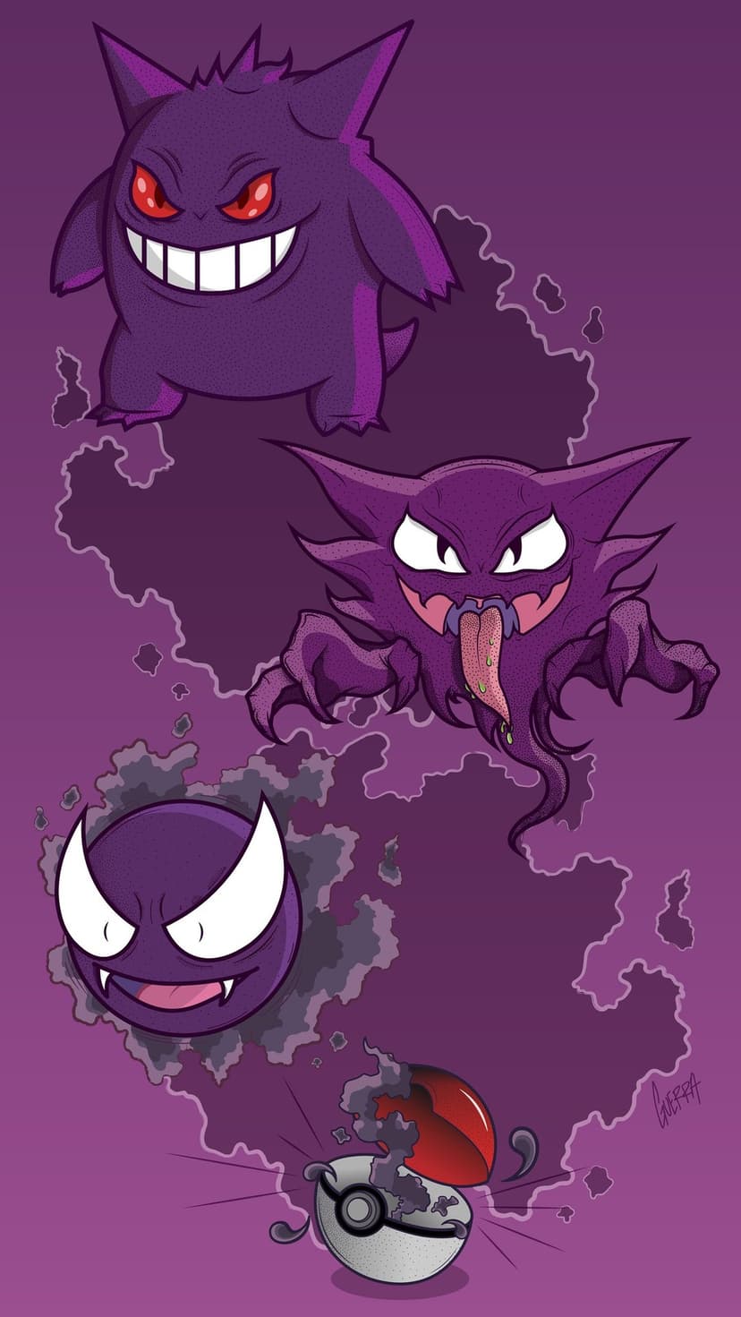 Gengar Haunter and Gastly evolution line emerging from a Pokéball on a dark purple background with halftone textures.