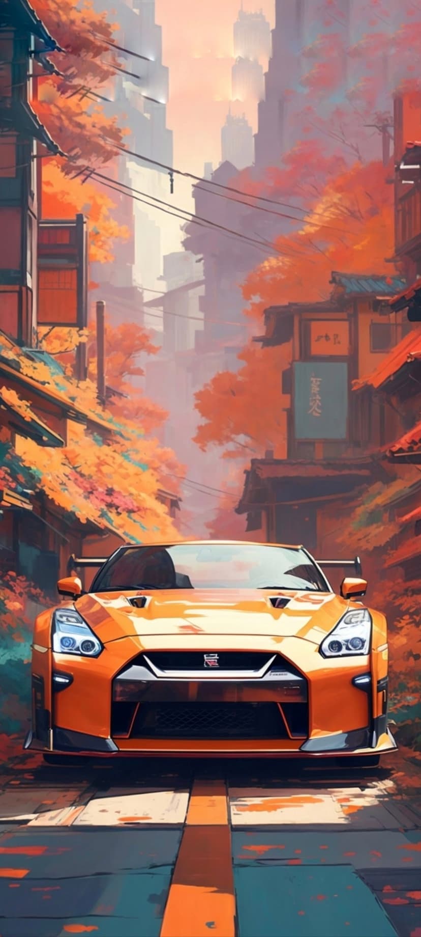 Orange Nissan GT-R sports car parked on a narrow Japanese street lined with red autumn maple trees.