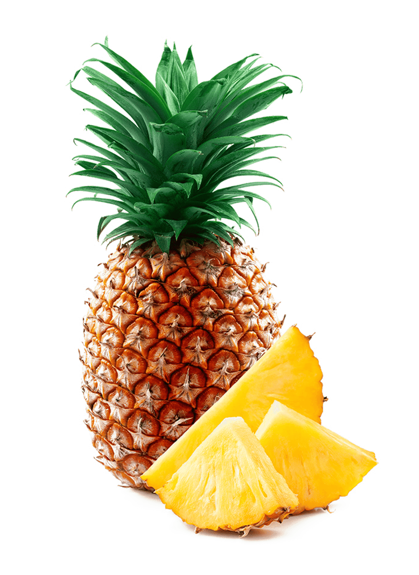 Pineapple juice smoothie glass next to sliced canned fruit pieces and yellow rings on a transparent background.