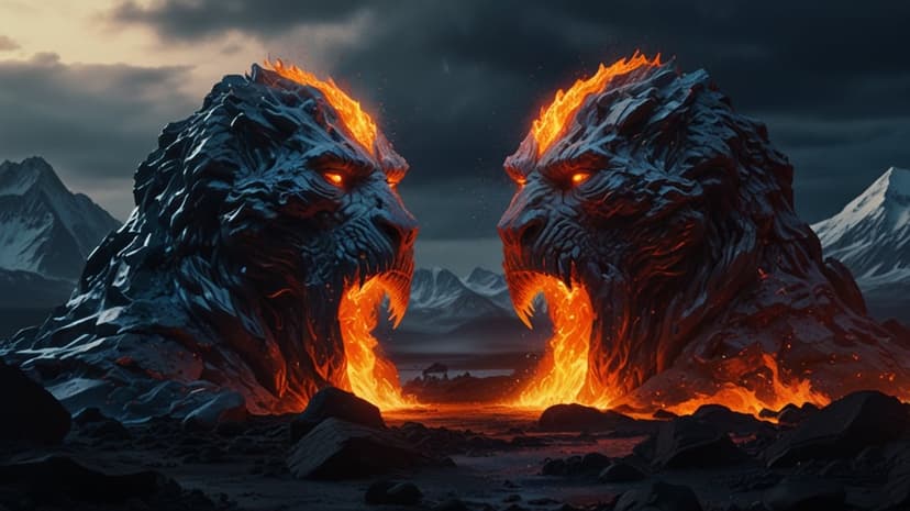 Two magma monsters with glowing eyes roar as molten lava flows over dark rocks and distant snowy mountains.