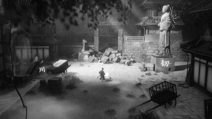 Samurai warrior standing in a misty courtyard with traditional Japanese architecture and stone statues.