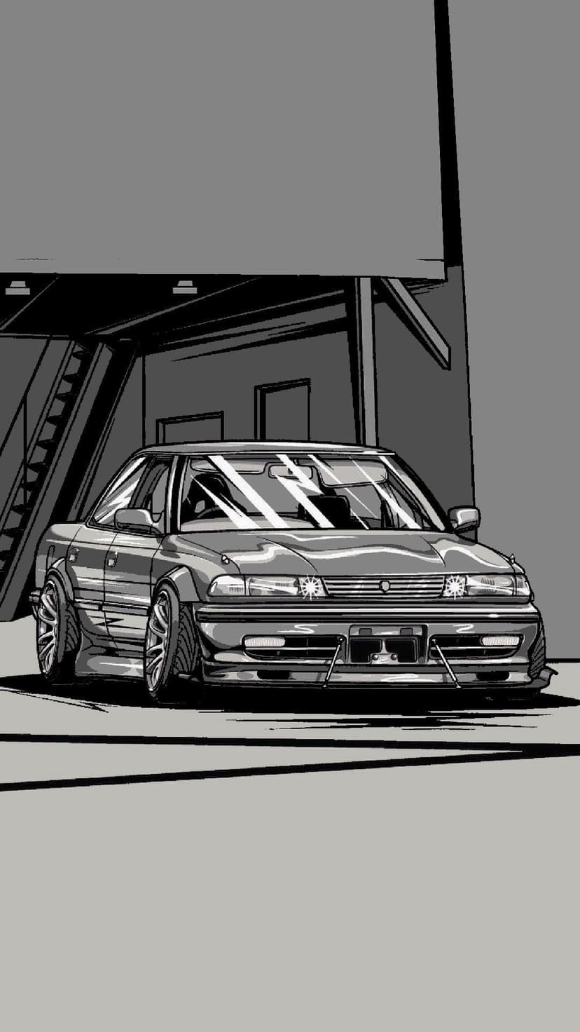 Vintage Japanese sedan with flared fenders parked by an industrial staircase in high-contrast monochrome.