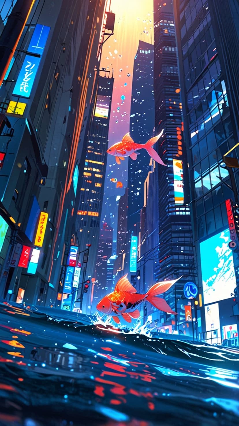 Vibrant orange koi fish leap across a rain-slicked city street reflecting glowing neon signs and skyscrapers.