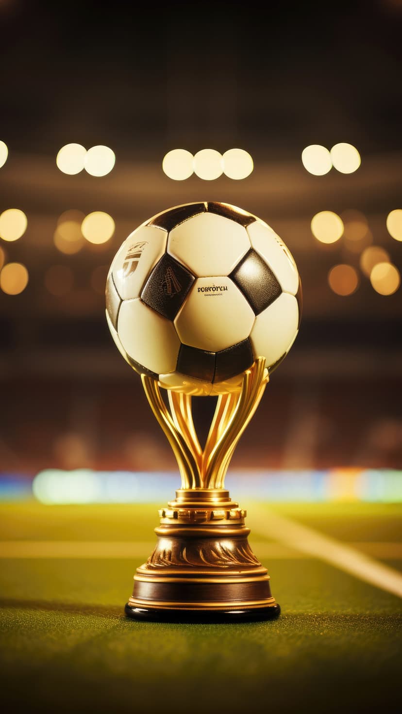 Golden soccer trophy stands on a green grass field under glowing stadium floodlights with a soft bokeh background.