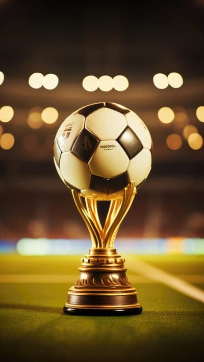 Golden Soccer Trophy on Green Field with Stadium Lights