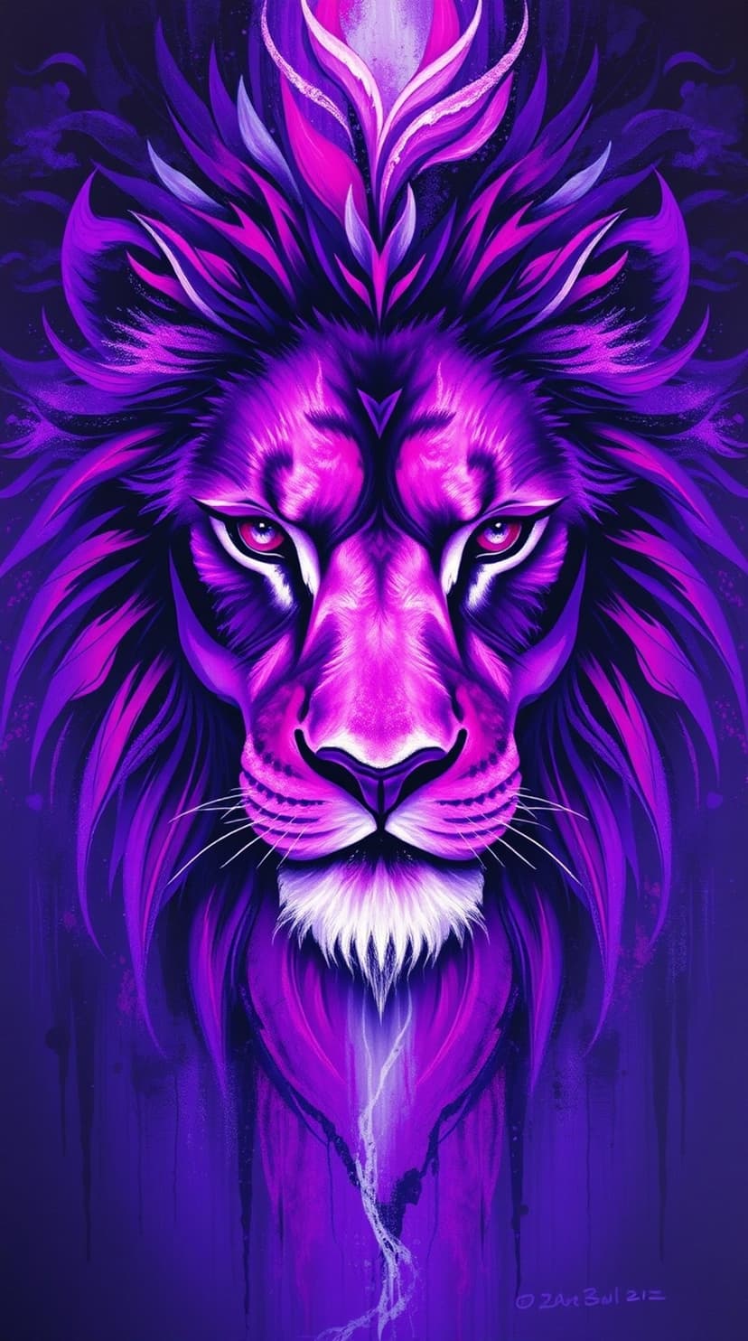 Lion head glowing with purple and magenta light, featuring intense eyes and a luminescent mane against dark space.