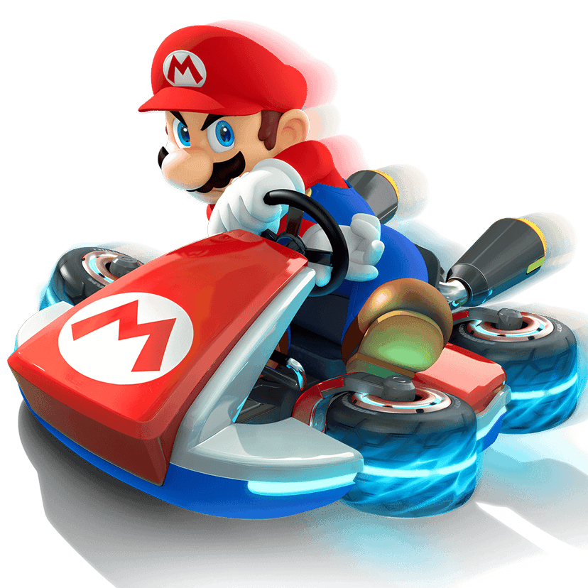 Mario driving kart racer illustration showing red cap, blue overalls, and silver exhaust on transparent background.