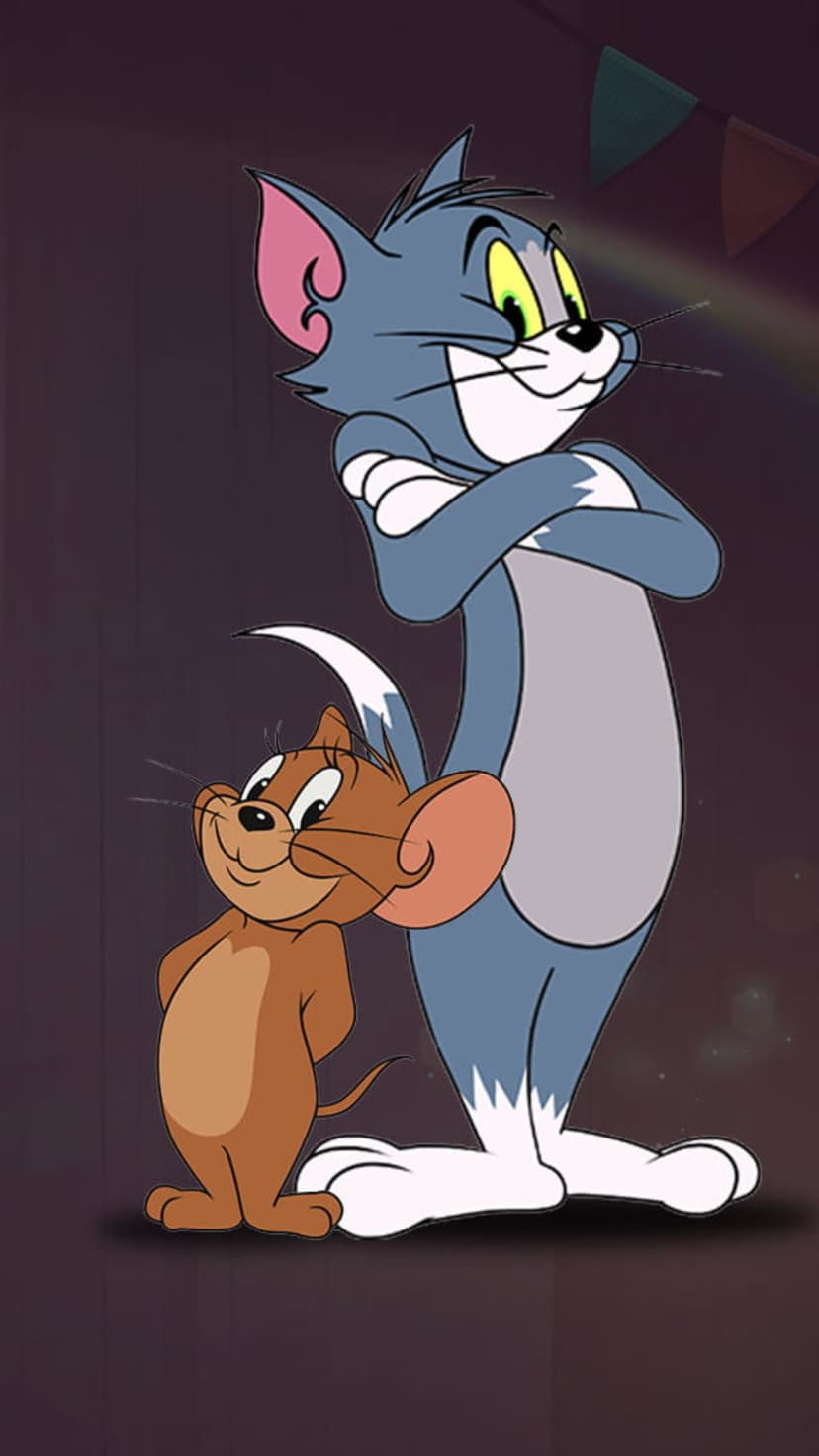Tom the cat stands with crossed arms while Jerry the mouse leans against him on a dark, textured background.